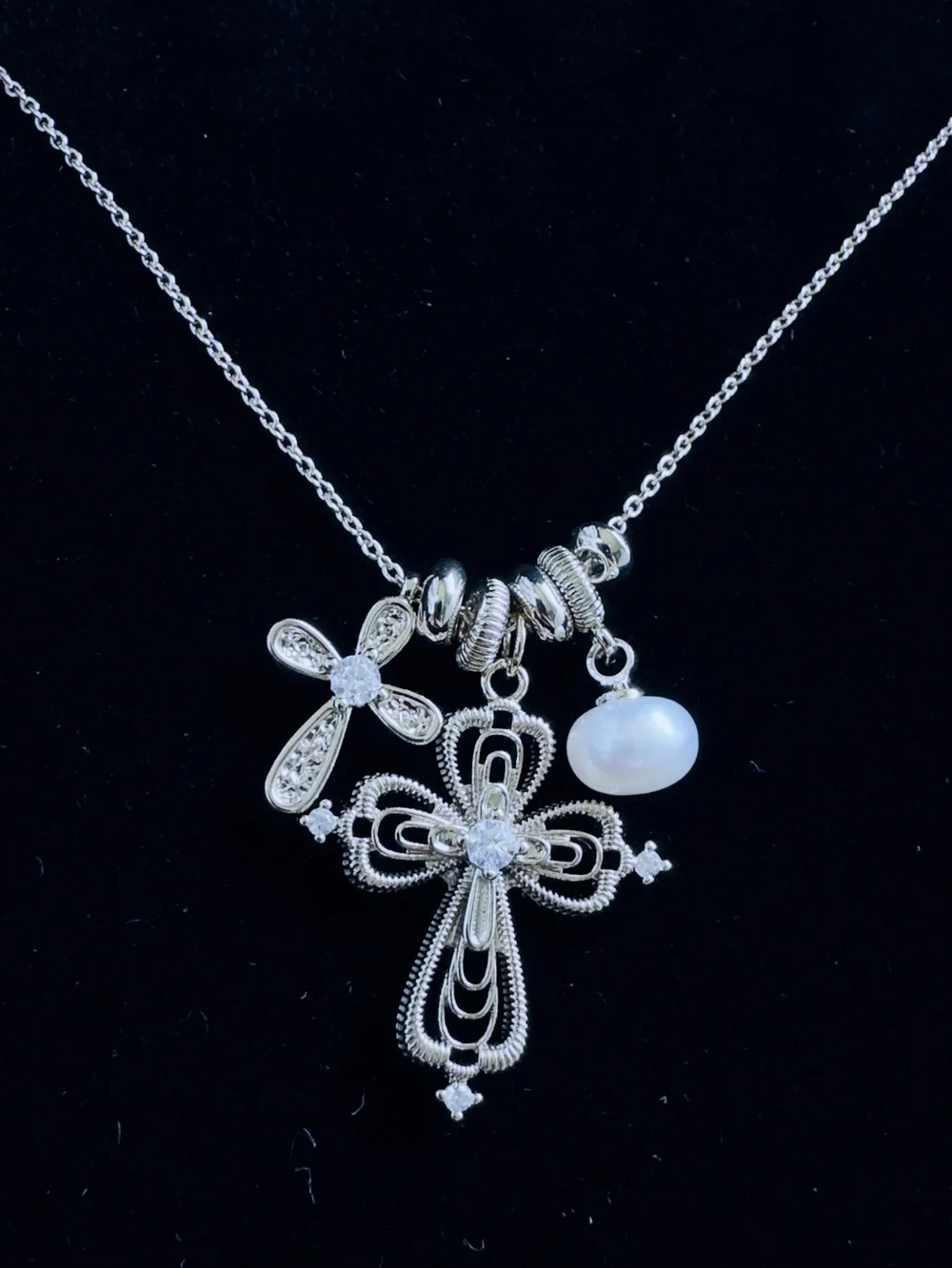Sterling Silver Cross Pendant Necklace with Pearl Accent - White
